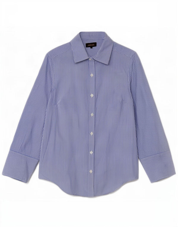 Camicia Jaeger da donna con maniche a 3/4 UK 14 grande cotone gessato blu