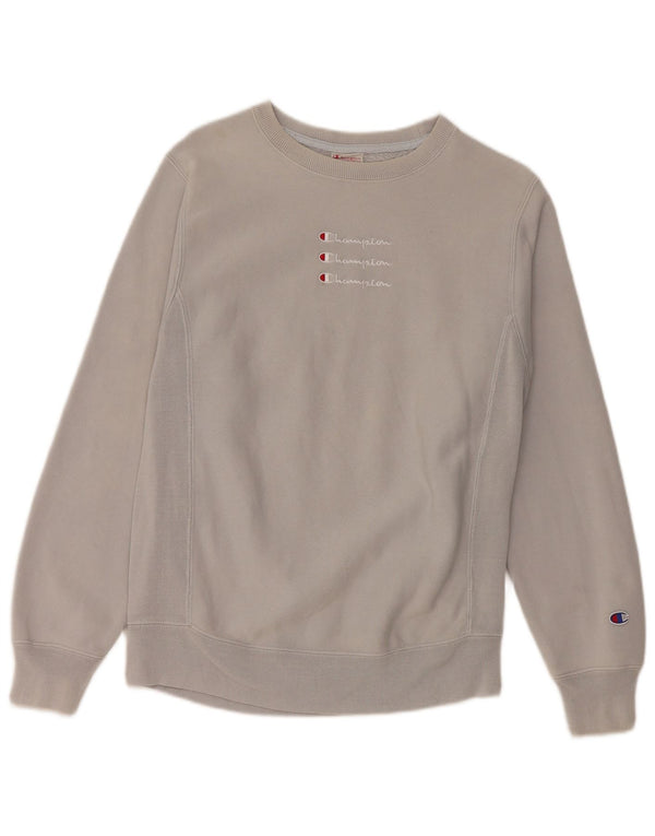 Felpa con grafica Champion da donna, maglione UK 10, piccolo cotone grigio
