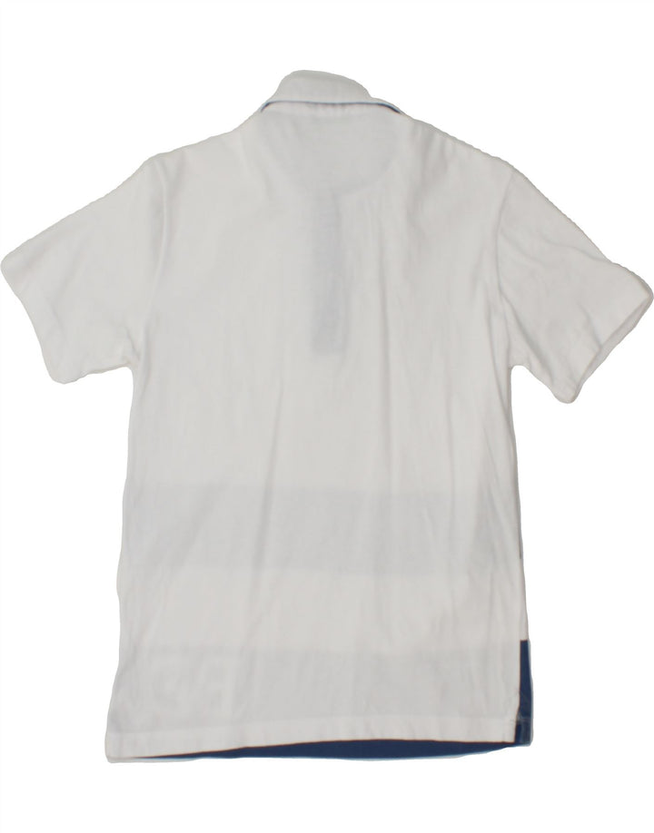 BENETTON Mens Graphic Polo Shirt Small White Striped Vintage Benetton and Second-Hand Benetton from Messina Hembry 