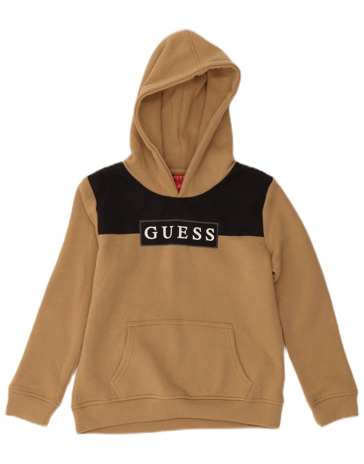 Felpa con cappuccio grafica GUESS per ragazzi 7-8 anni in cotone color block beige