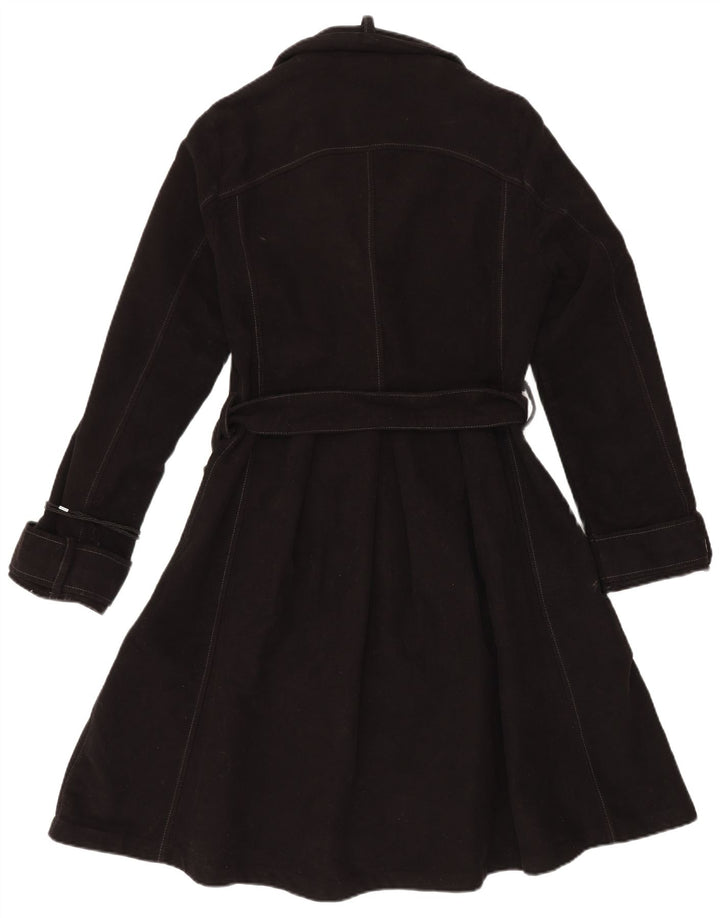 VINTAGE Womens Double Breasted Trench Coat UK 14 Medium Black Cotton