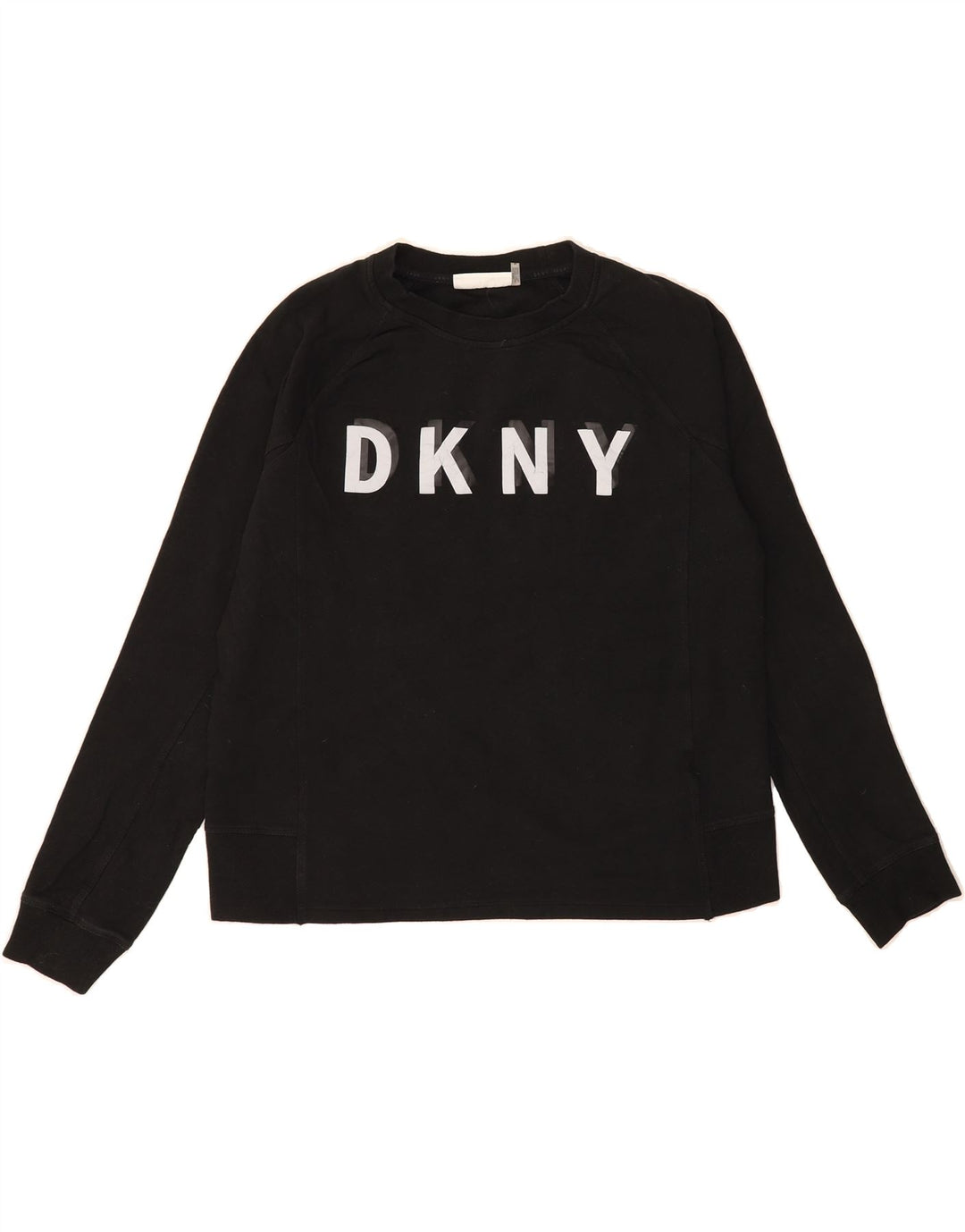 DKNY Womens Graphic Sweatshirt Jumper UK 14 Medium Black Polyester Vintage Dkny and Second-Hand Dkny from Messina Hembry 