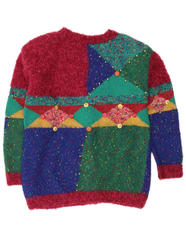 Maglione cardigan da donna vintage UK 16 Grande novità geometrica multicolore
