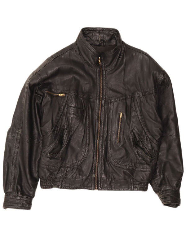 Giacca in pelle vintage da uomo vestibilità ampia UK 36 piccola in pelle nera