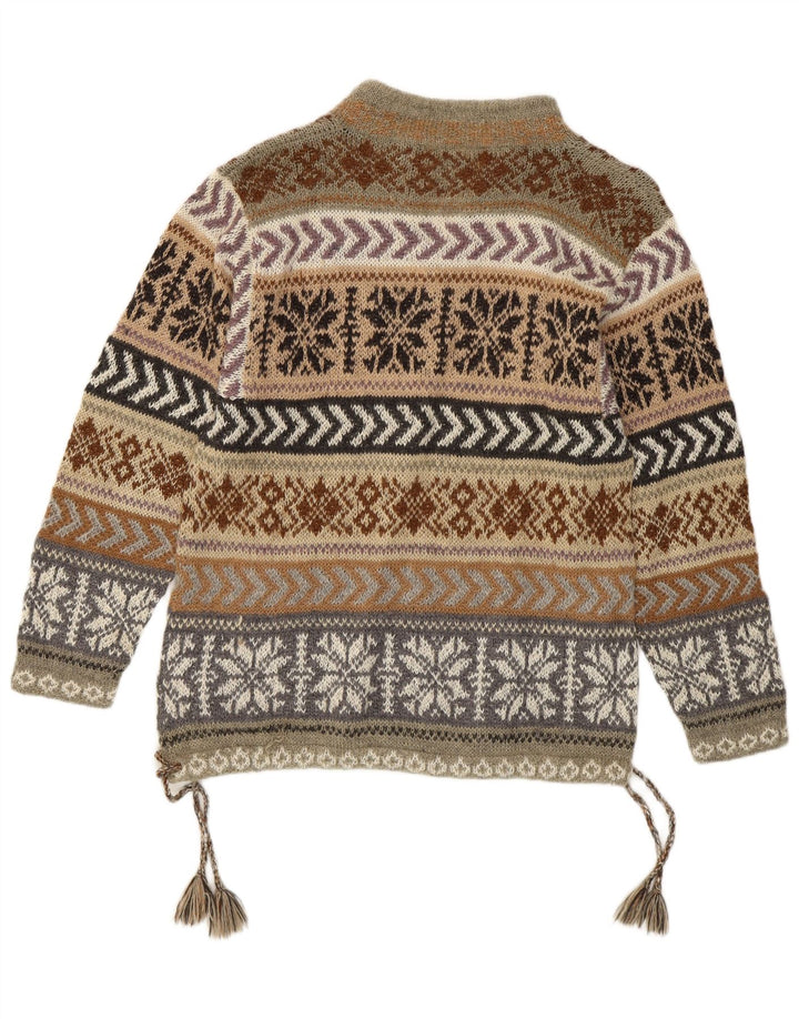 Maglione vintage da donna con collo a bottoni, UK 14, verde medio, azteco