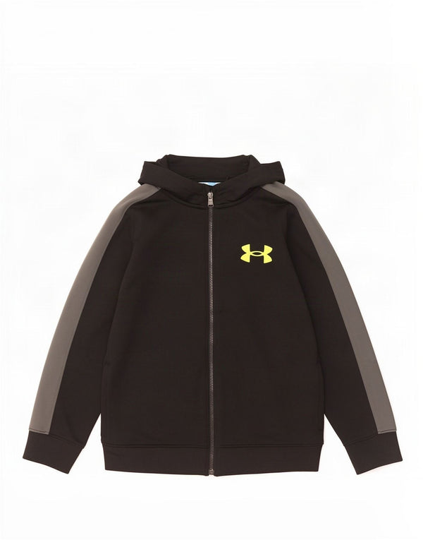 Under Armour Boys Zip Hoodie Sweater 7-8 Years Small Black Colourblock