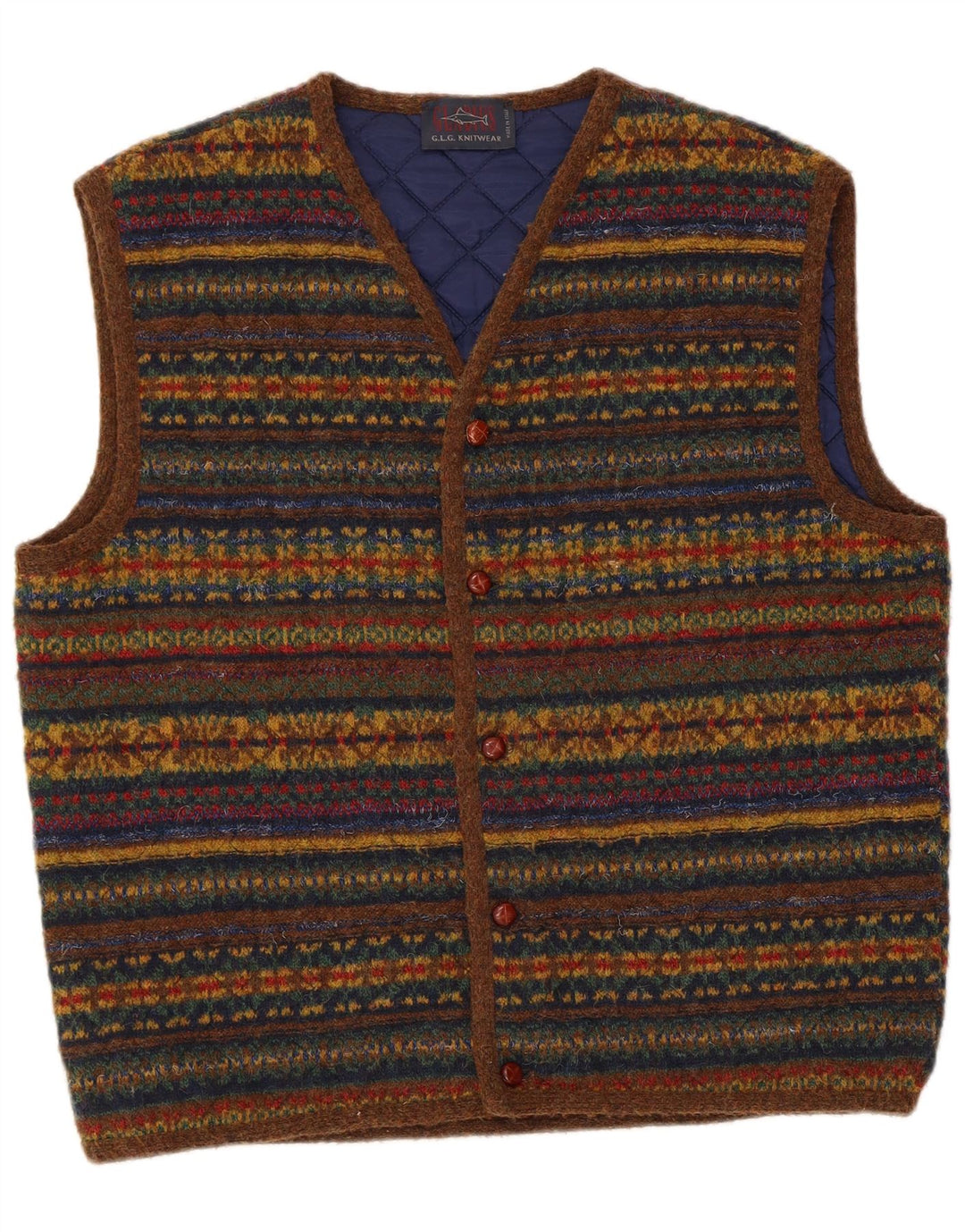 Maglione cardigan senza maniche vintage da uomo in lana a righe multicolori di grandi dimensioni