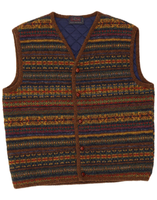 Maglione cardigan senza maniche vintage da uomo in lana a righe multicolori di grandi dimensioni