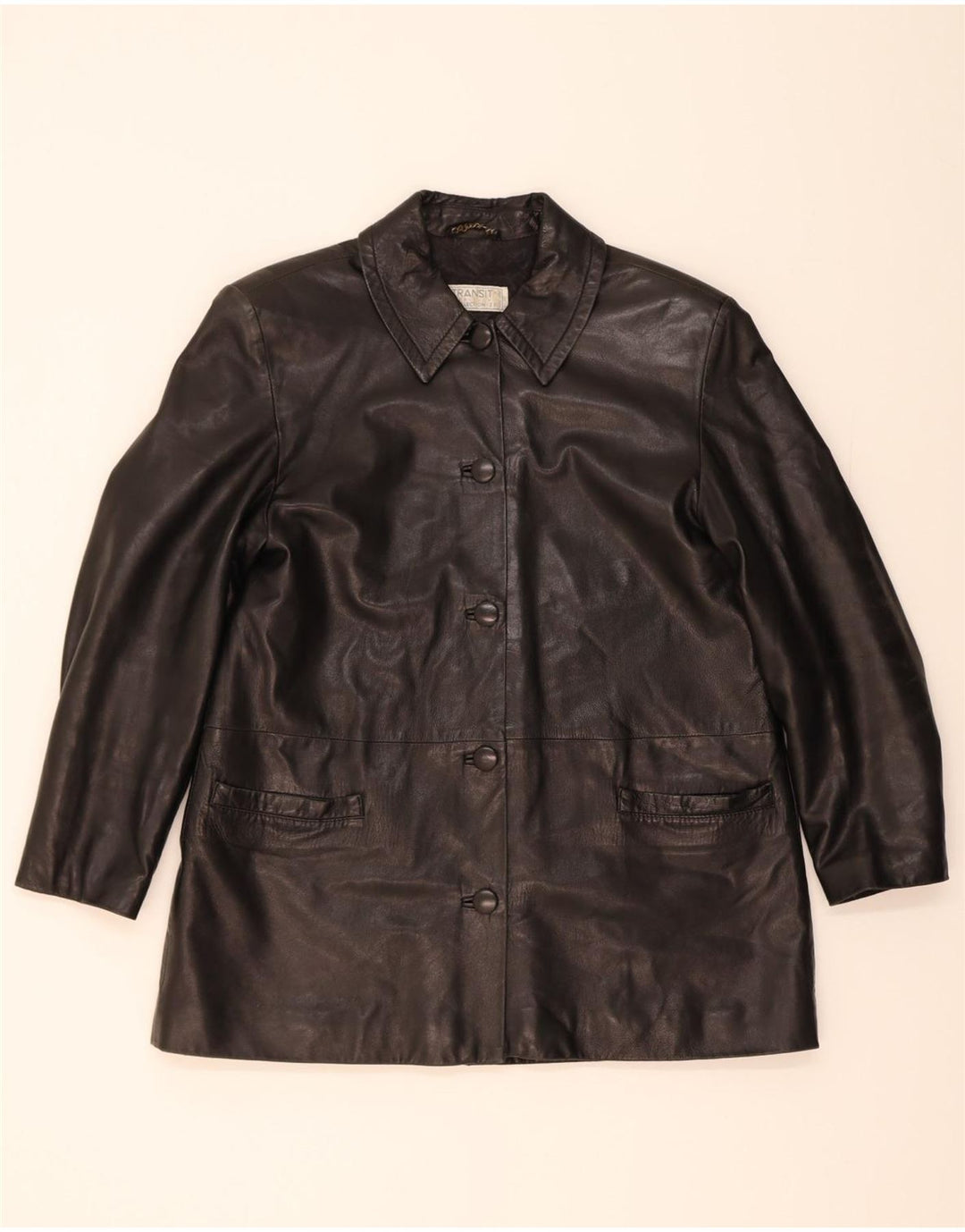 TRANSIT PAR SUCH Womens Leather Coat UK 12 Medium Black Leather Vintage Transit Par Such and Second-Hand Transit Par Such from Messina Hembry 