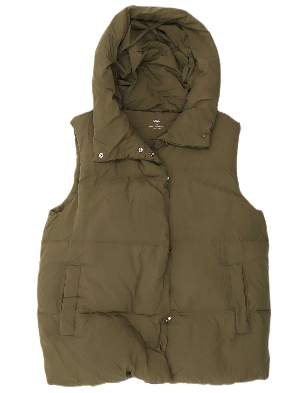 Gilet imbottito con cappuccio da donna Marks & Spencer UK 12 poliestere verde medio