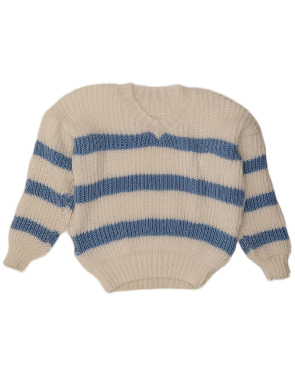 Maglione vintage da donna con scollo a V UK 14 a righe bianche grandi