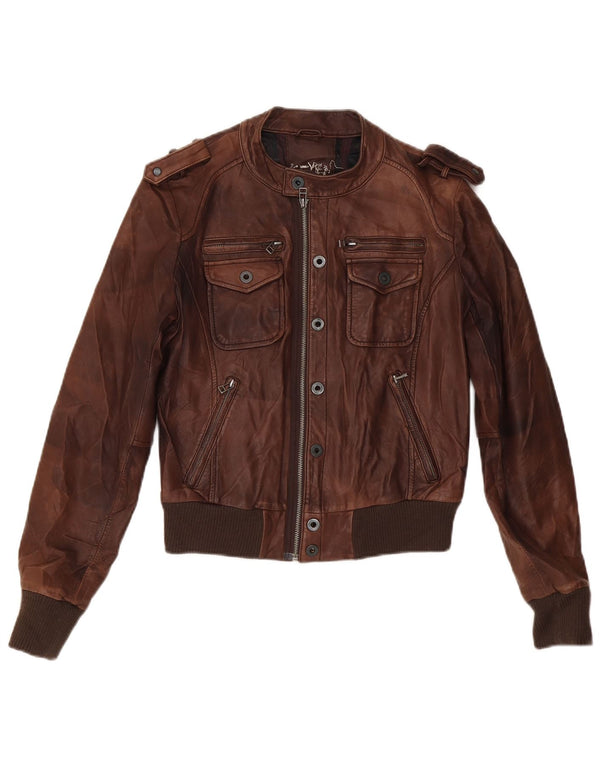 Giacca in pelle militare vintage da ragazzo 11-12 anni XL in pelle marrone