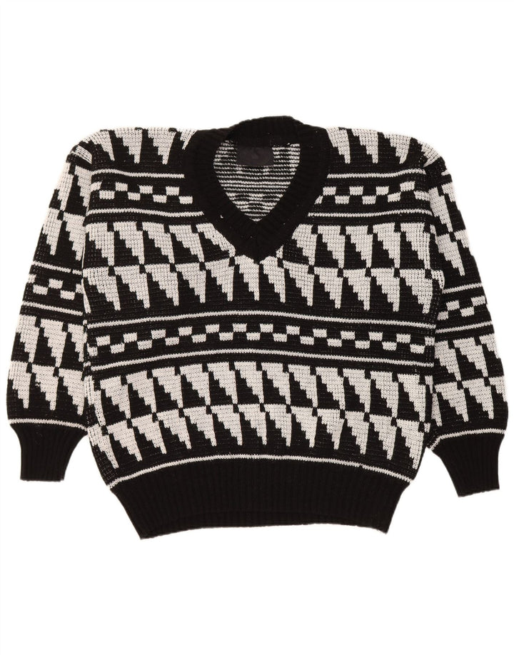 Maglione vintage da uomo con scollo a V grande nero geometrico