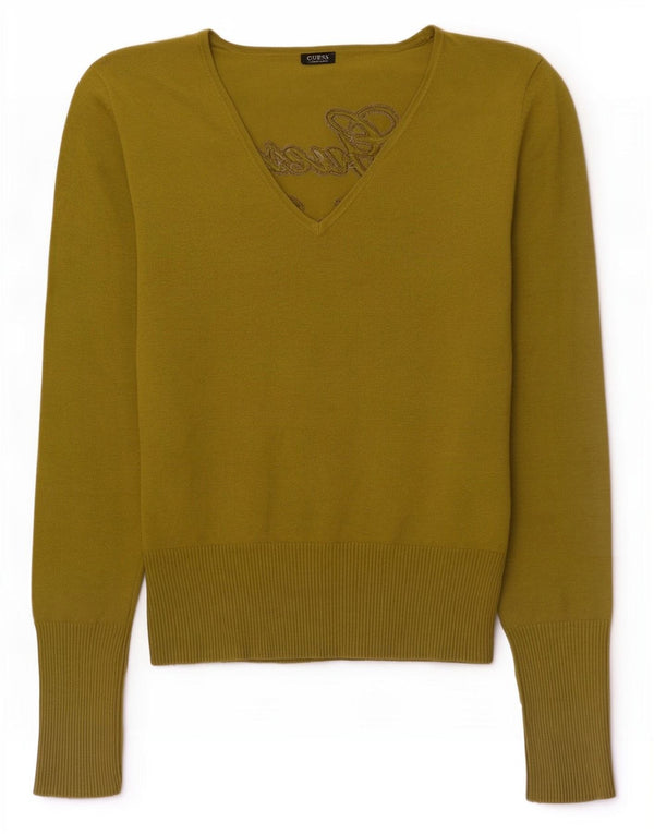 Maglione da donna con scollo a V grafico Guess UK 16 Viscosa verde medio
