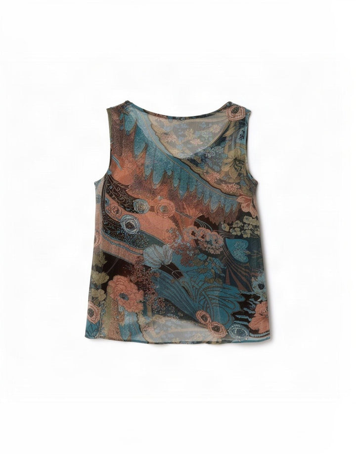 Top camicetta da donna vintage UK 14 floreale multicolore medio
