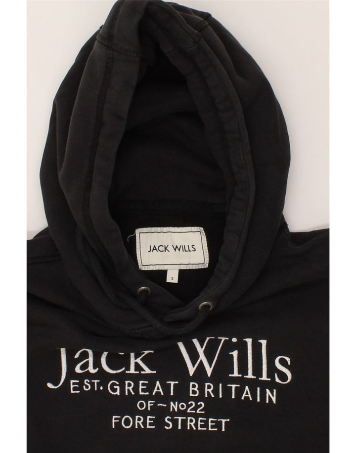 JACK WILLS Mens Graphic Hoodie Jumper Small Black Cotton Vintage Jack Wills and Second-Hand Jack Wills from Messina Hembry 