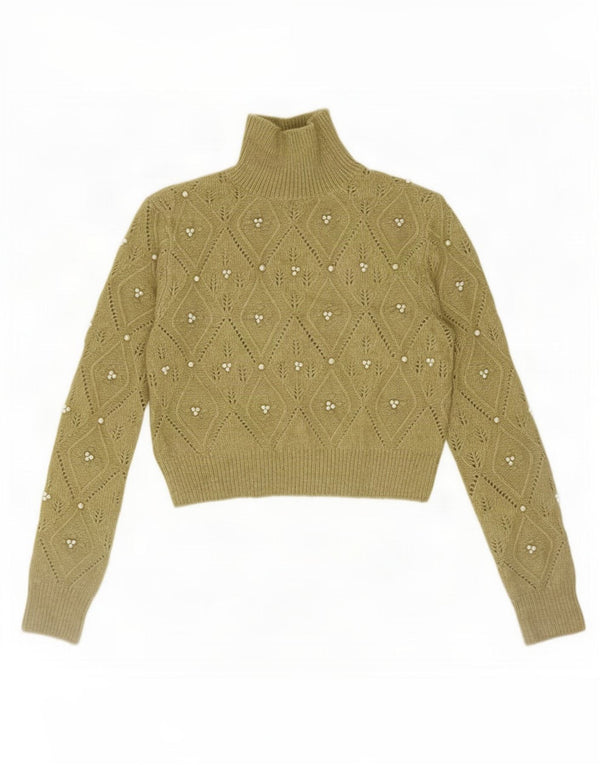 Zara Womens Turtle Neck Jumper Sweater UK 12 Medium Khaki Argyle/Diamond