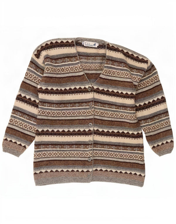Maglione cardigan da donna Tulchan UK 14 Lana nuova Fair Isle marrone medio