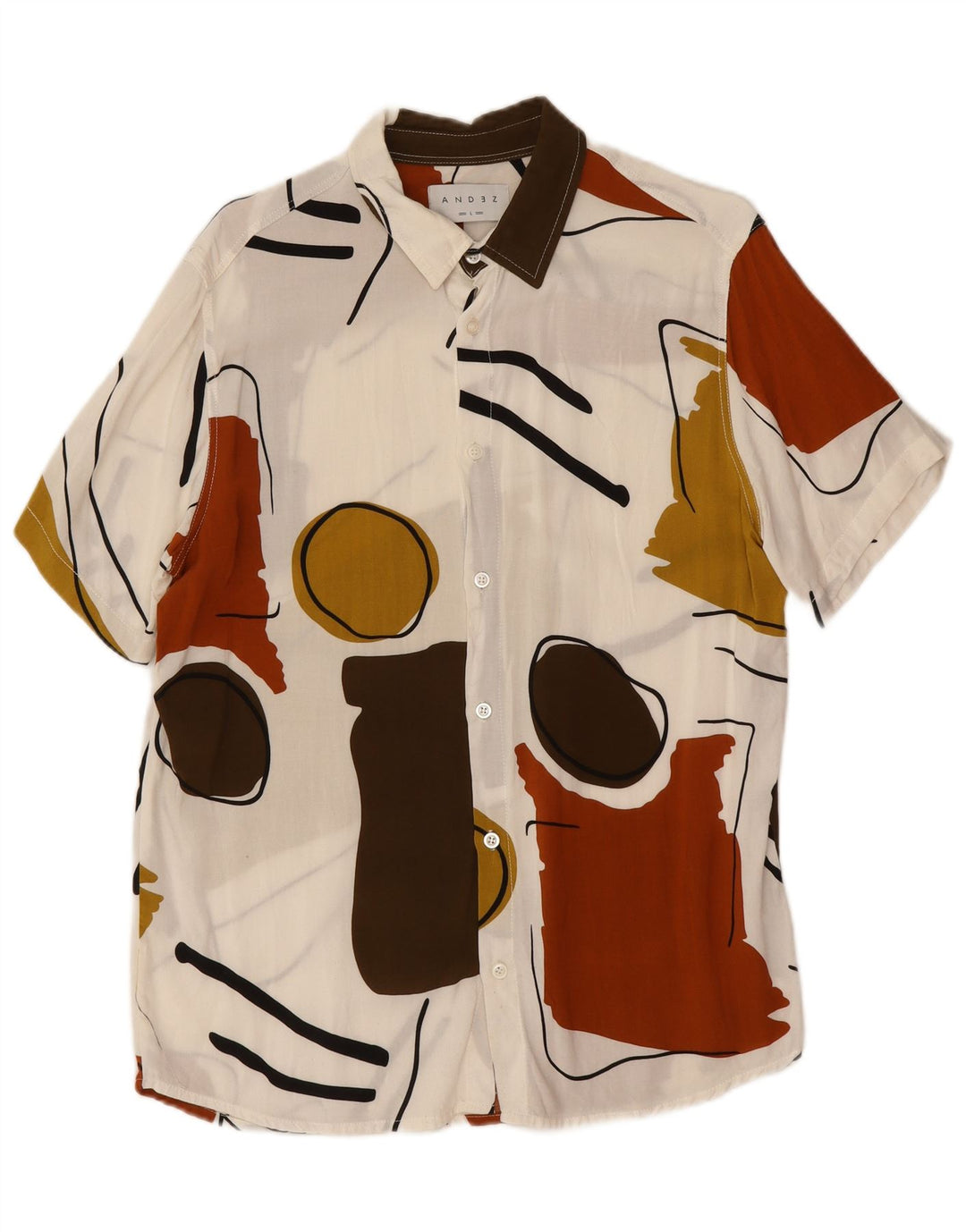 Camicia a maniche corte vintage da uomo con motivo astratto, grande blocco colore bianco