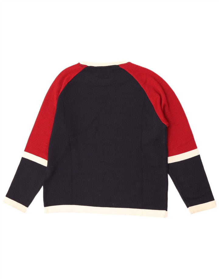 Maglione vintage da uomo girocollo piccolo in lana color block blu navy
