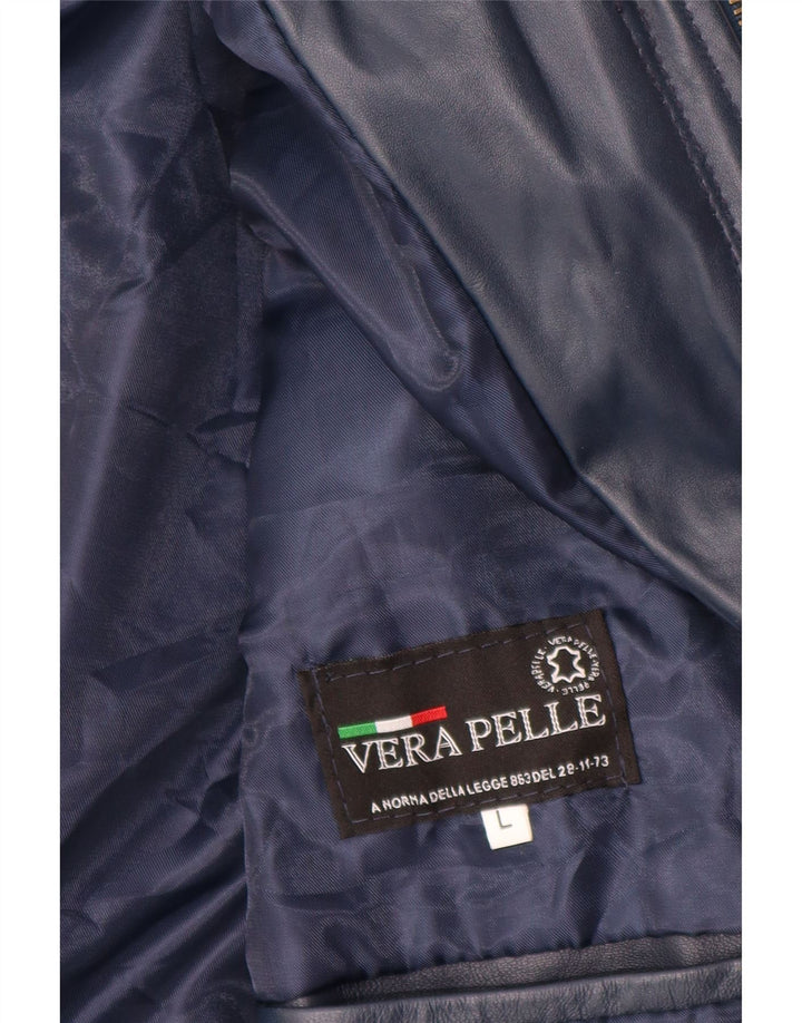 Giacca in pelle con cappuccio da donna VINTAGE UK 14 grande in pelle blu navy