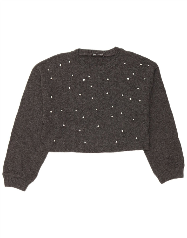 Maglione corto con scollo a barca da donna Zara UK 10 piccolo poliestere grigio