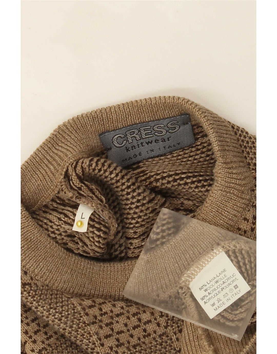 Maglione girocollo da uomo vintage in lana geometrica beige grande