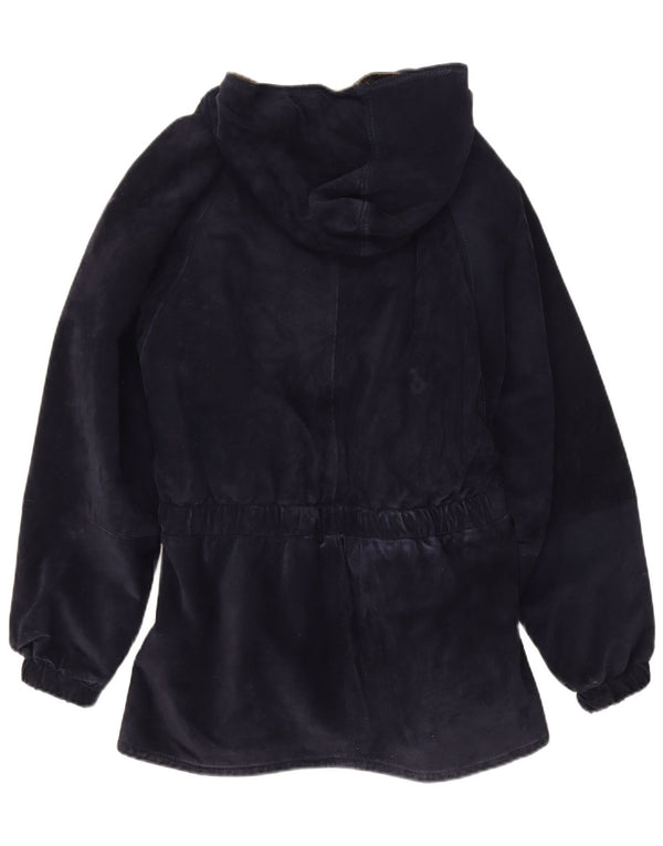 Cappotto giacca a vento in pelle scamosciata con cappuccio da donna Michael Boris IT 46 Large Blu Navy
