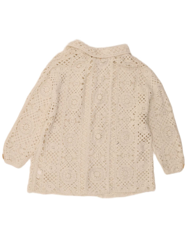 Maglione cardigan all'uncinetto con maniche a 3/4 vintage da donna UK 18 XL in cotone bianco