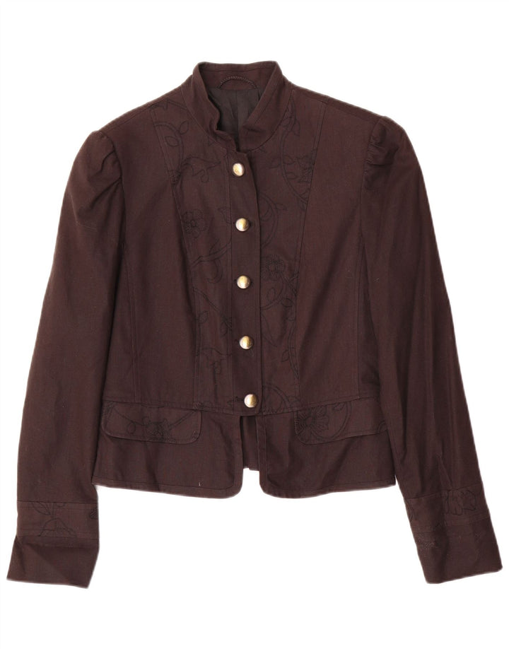 Giacca blazer vintage da donna a 5 bottoni UK 10 piccolo lino floreale marrone
