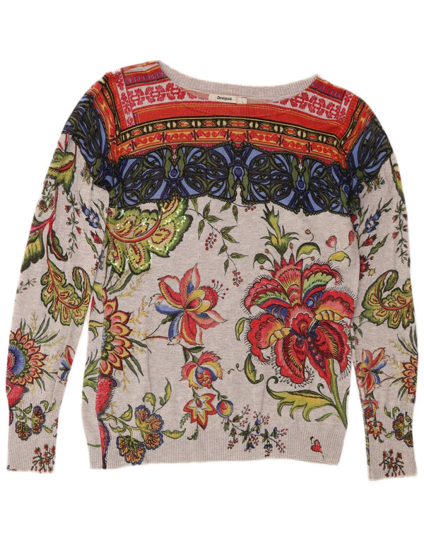 Desigual maglione da donna con scollo a barca con grafica UK 14 grande grigio floreale
