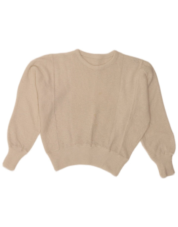Maglione maglione girocollo a pipistrello corto da donna vintage UK 14 grande bianco sporco