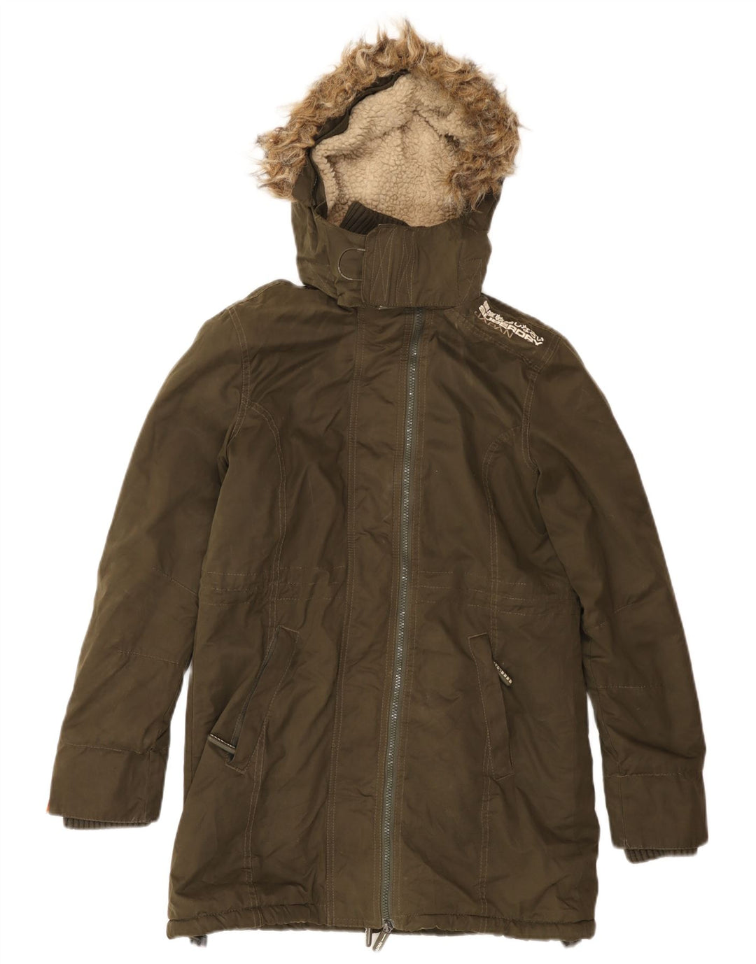 Parka con cappuccio grafico da donna SUPERDRY UK 12 cotone kaki medio