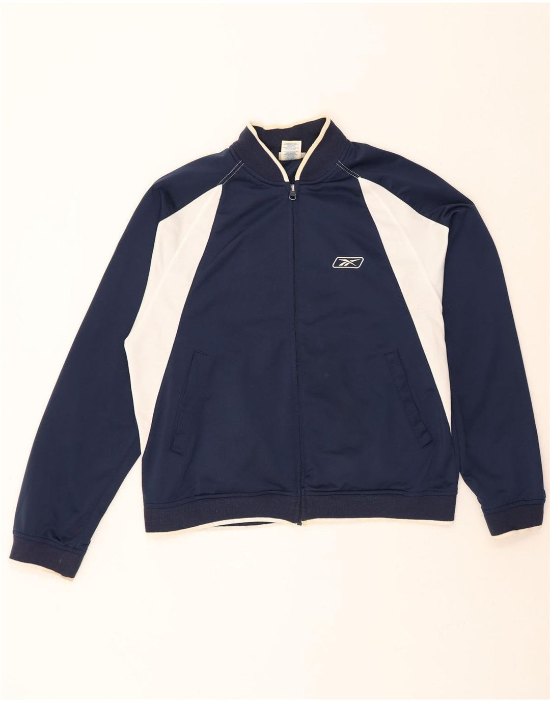 REEBOK Mens Tracksuit Top Jacket Large Navy Blue Colourblock Polyester Vintage Reebok and Second-Hand Reebok from Messina Hembry 