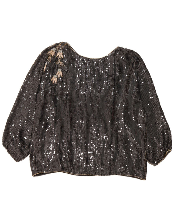 Camicetta vintage oversize a maniche lunghe da donna EU 44/46 XL Nero floreale