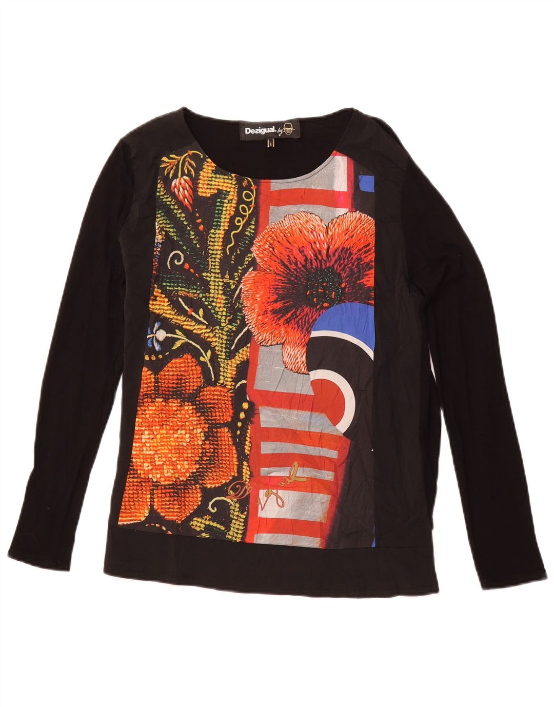DESIGUAL Top grafico da donna a maniche lunghe UK 14 Grande viscosa floreale nera