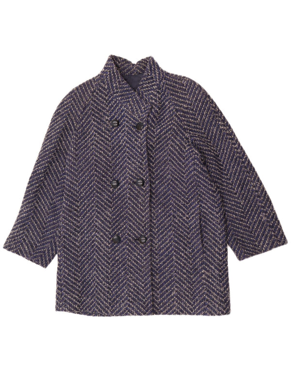 Cappotto doppiopetto vintage da donna UK 14 grande lana Chevron blu navy