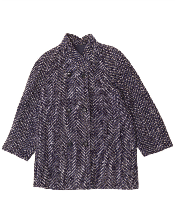 Cappotto doppiopetto vintage da donna UK 14 grande lana Chevron blu navy