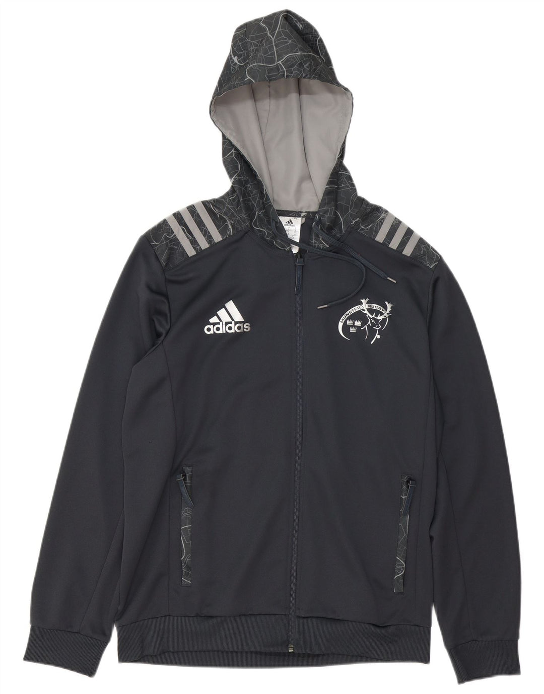 Felpa con cappuccio e zip grafica Adidas Munster Rugby da uomo, grande, in poliestere grigio
