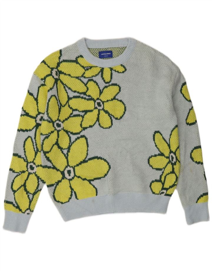 JACK & JONES Mens Crew Neck Jumper Sweater Medium Blue Floral Acrylic