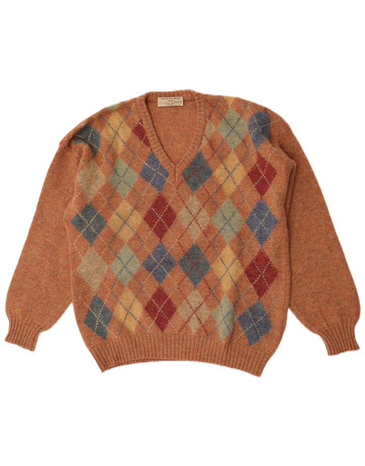 Donny & Max Maglione da uomo con scollo a V XL Marrone Argyle/Diamond Lana vergine