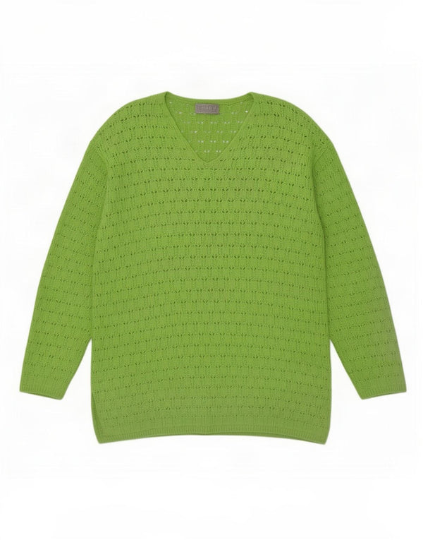 Maglione maglione vintage da donna con scollo a V UK 14 grande cotone verde