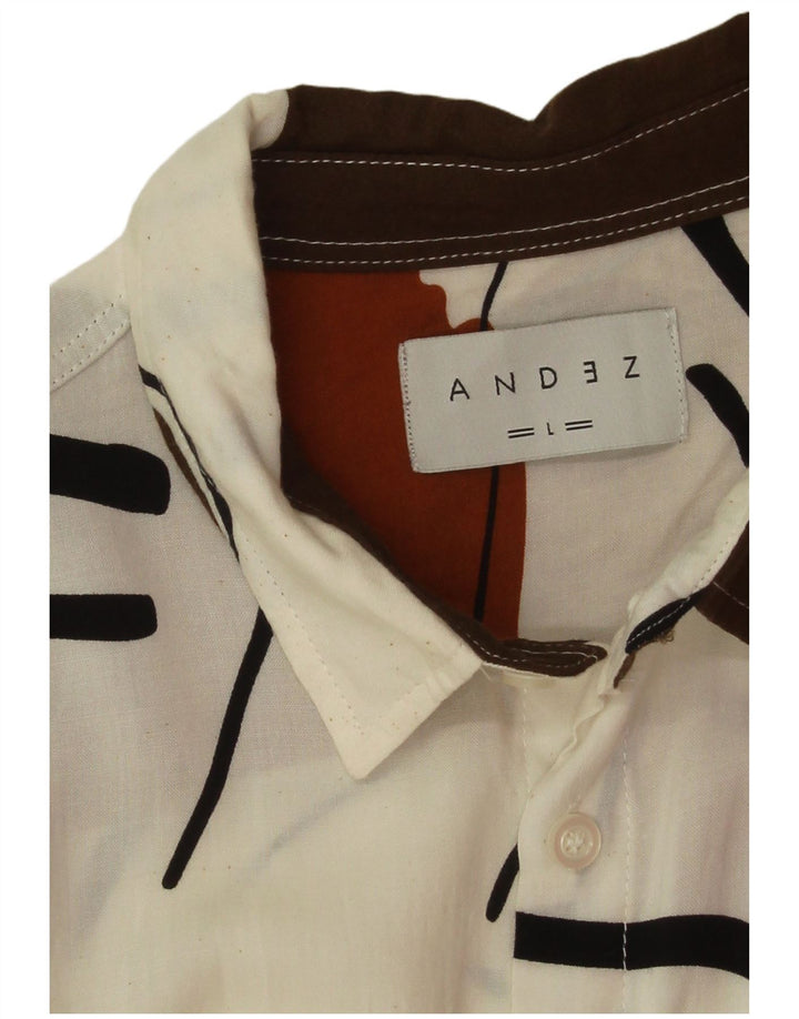 Camicia a maniche corte vintage da uomo con motivo astratto, grande blocco colore bianco
