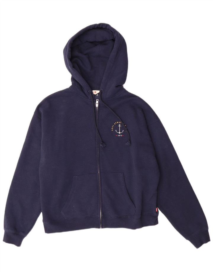 LEVI'S maglione con cappuccio e zip grafica oversize da donna UK 10 piccolo blu navy