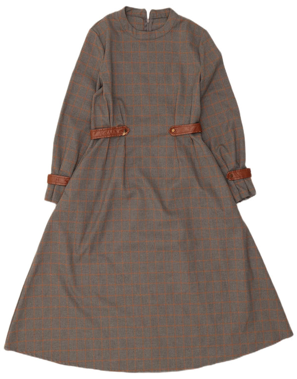 Abito maxi a maniche lunghe da donna vintage UK 10 piccoli quadri grigi