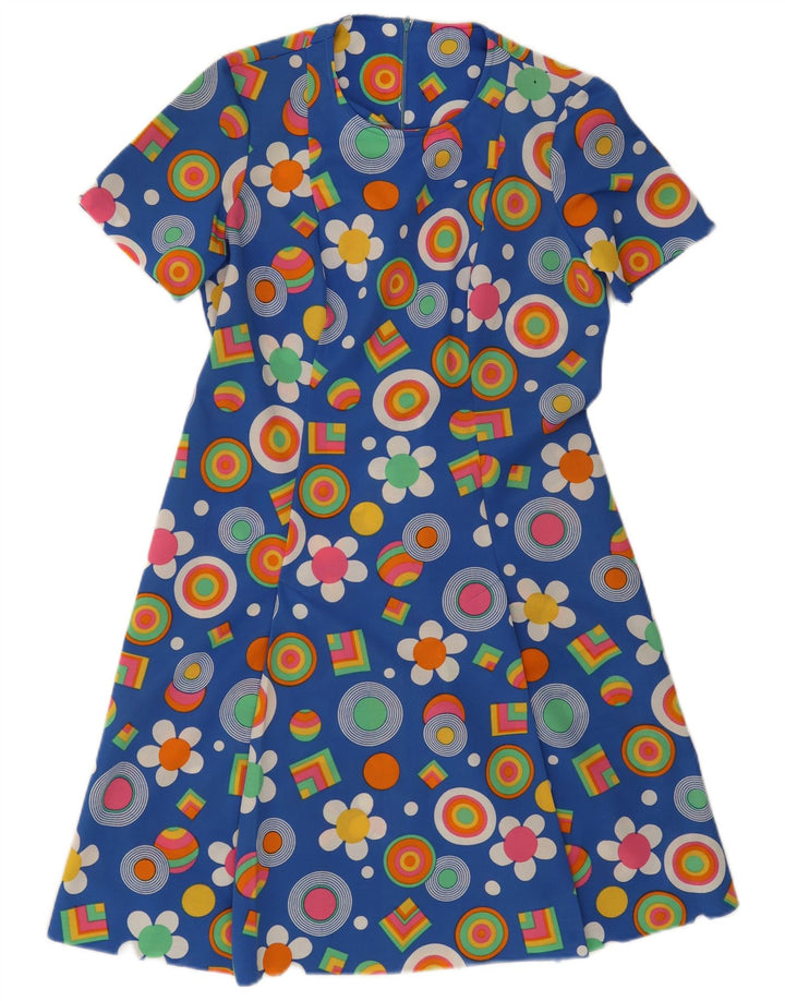 Abito a trapezio da donna vintage UK 12 blu medio floreale