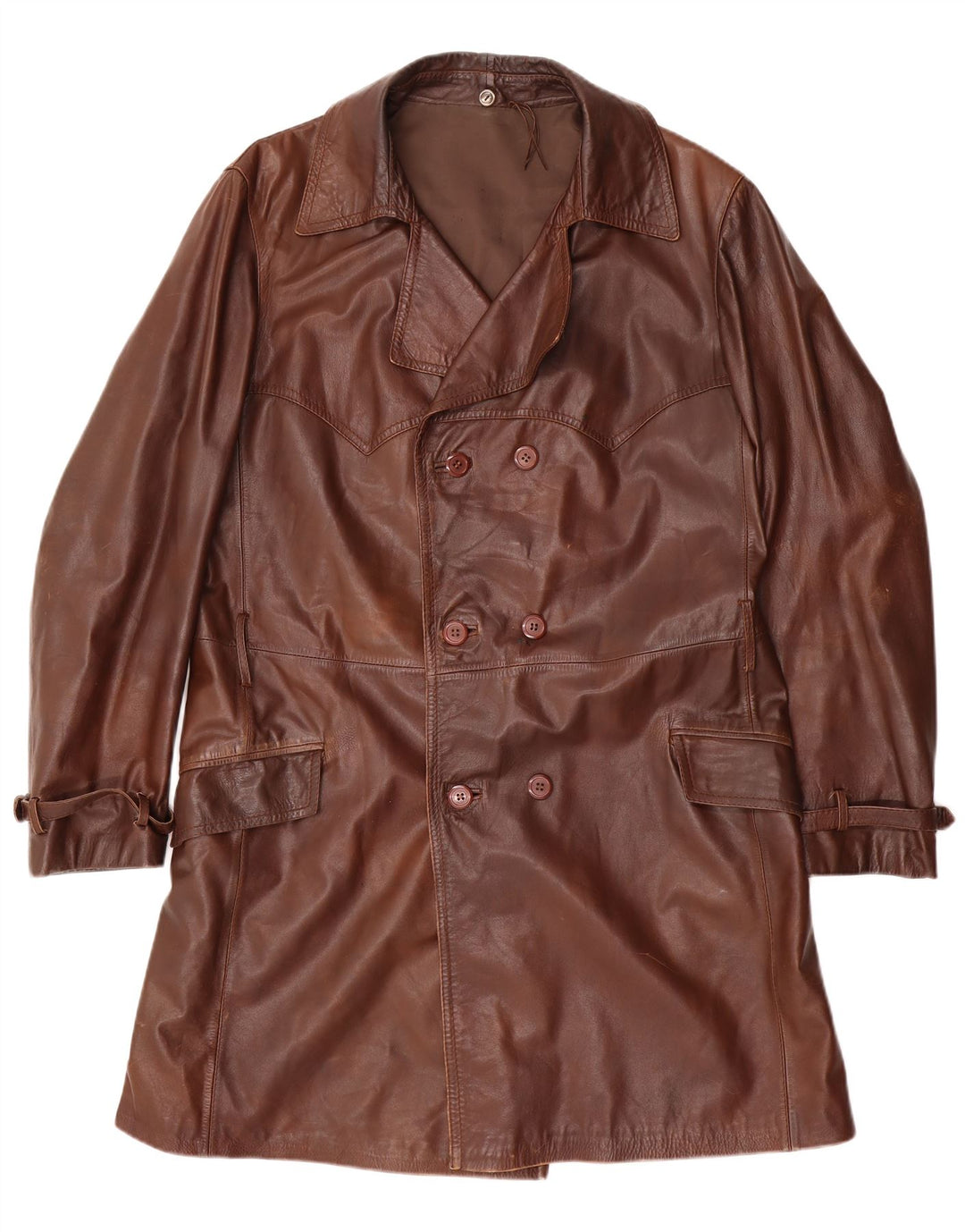 Cappotto in pelle doppio petto vintage da uomo UK 38 Marrone medio