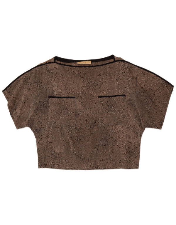 Top corto da donna vintage in camicetta UK 14 Seta maculata marrone medio