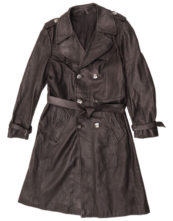 Trench da uomo vintage in pelle doppio petto UK 36 piccolo nero
