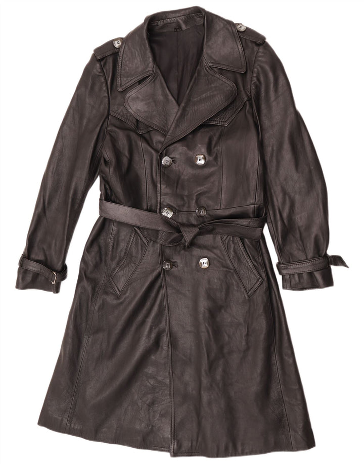Trench da uomo vintage in pelle doppio petto UK 36 piccolo nero